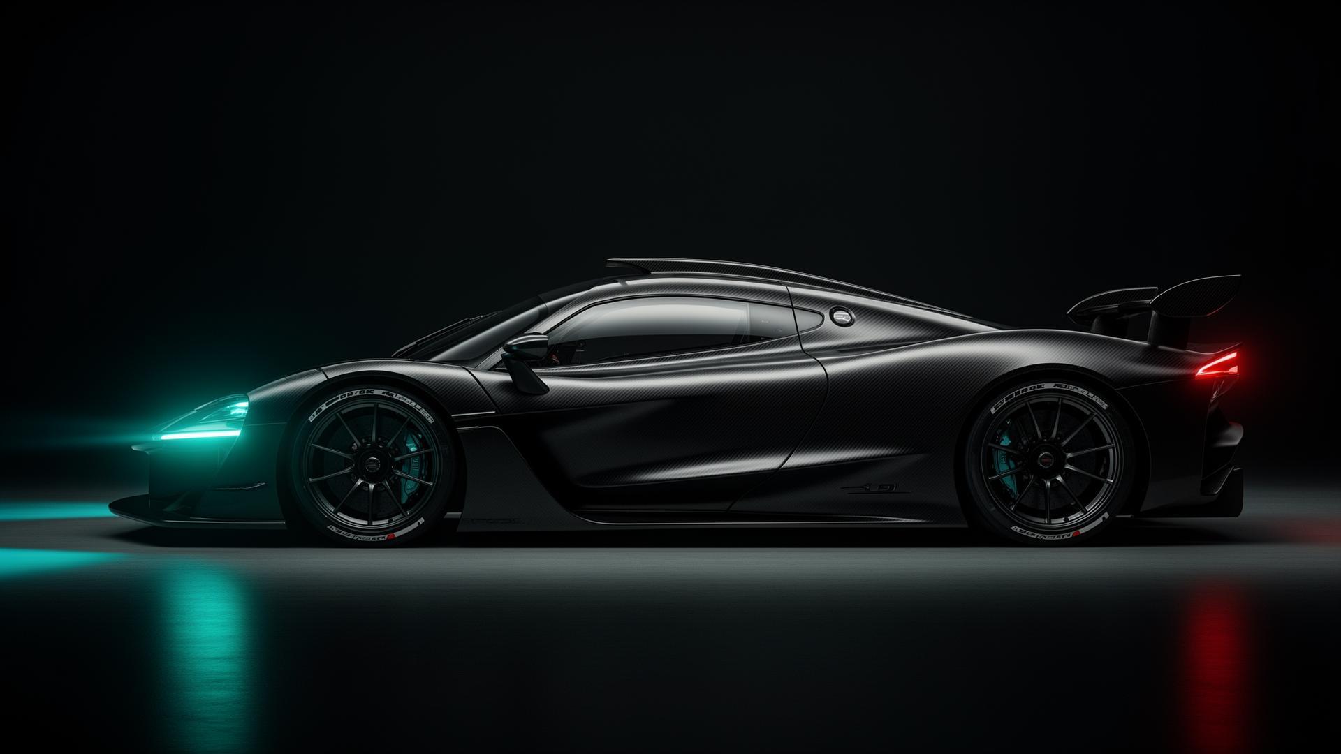 Cinematic dark studio render of a Le Mans hypercar with glowing teal headlights
